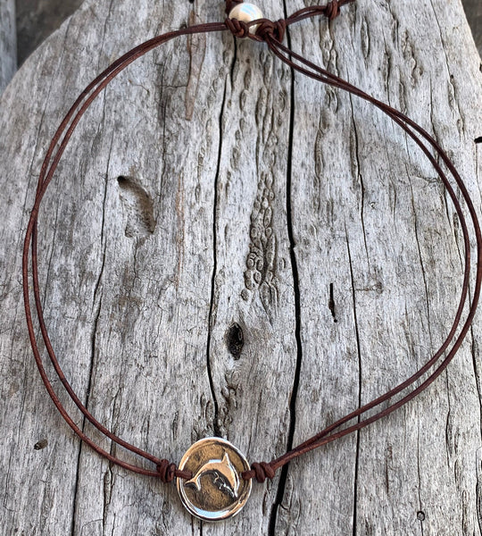 Handmade Bronze Dolphin Charm Adjustable Leather Choker