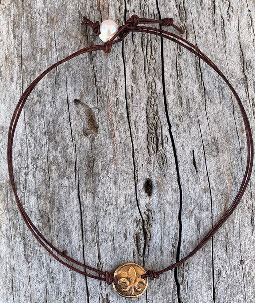 Handmade Bronze Fleur de Lis Charm Adjustable Leather Choker