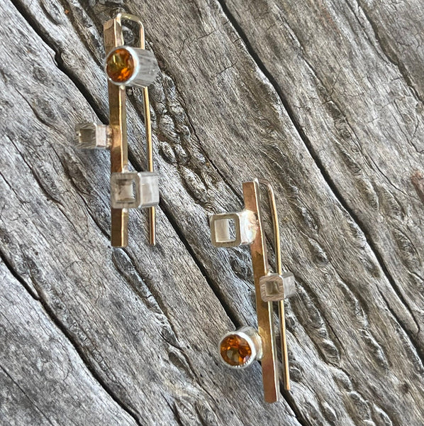 14K Gold Fill Earrings with Silver Tube Set Green Tourmaline and Silver Squares