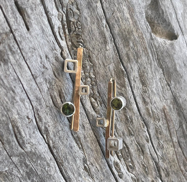 14K Gold Fill Earrings with Silver Tube Set Citrine and Silver Squares