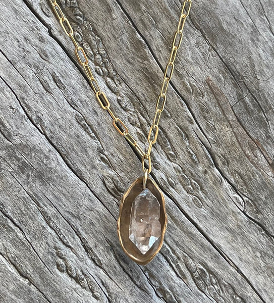 Bronze Herkimer Diamond Crystal Cave Necklace on 14K GF Paper Clip Chain