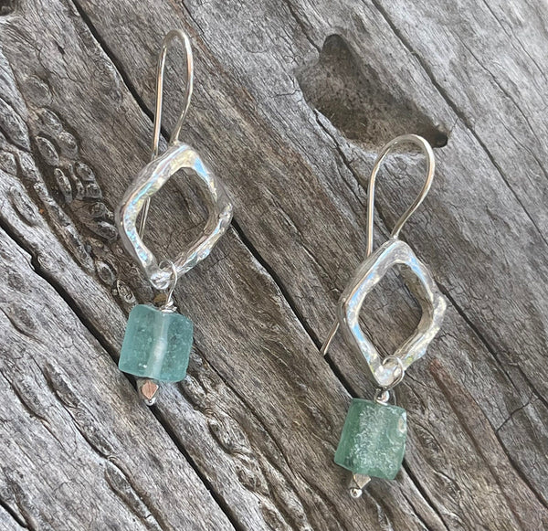 Bronze Organic Square Earrings with 14K GF Ear Wire Roman Glass Drop