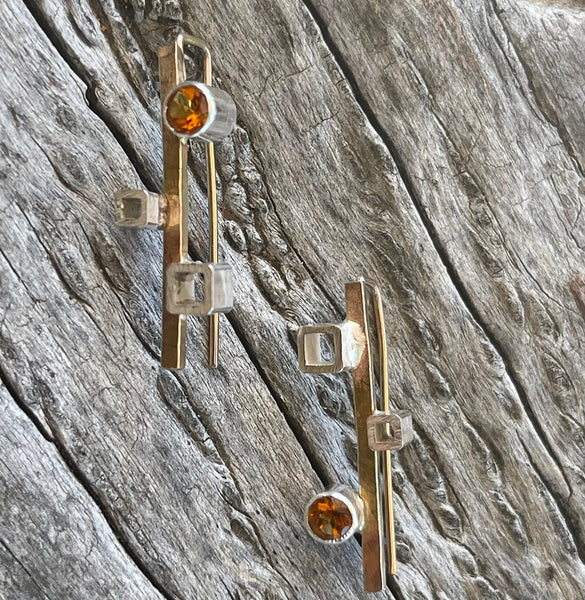 14K Gold Fill Earrings with Silver Tube Set Green Tourmaline and Silver Squares