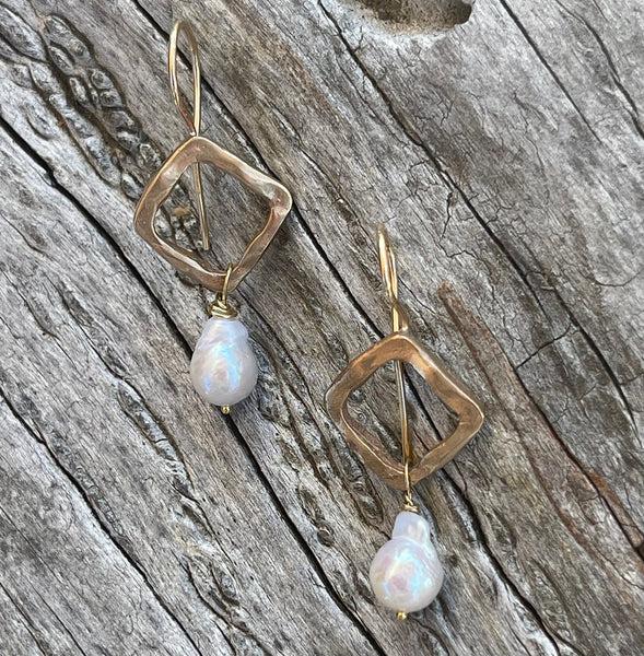 Handmade Yellow Bronze Organic Square Earrings with Baroque Pearl Drop