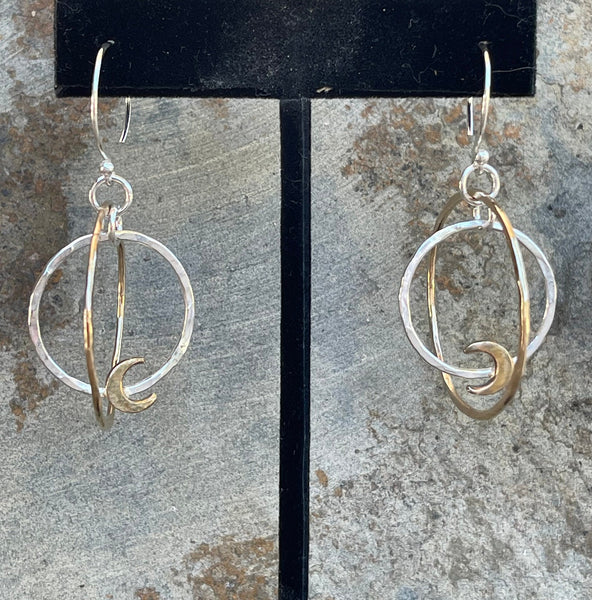 Mixed Metal Floating Gold Moon Double Hoop Earrings