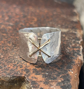 Silver Cuff Corset Ring with Single Stitch Gold Wire Lacing