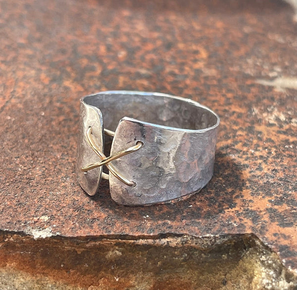 Silver Cuff Corset Ring with Single Stitch Gold Wire Lacing
