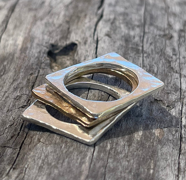 Mixed Metal Set of Three Square Hammered Stacking Rings
