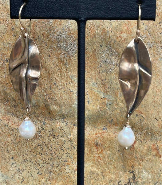 Handmade Bronze Organic Leaf Earrings with Flame Ball Pearl Drop