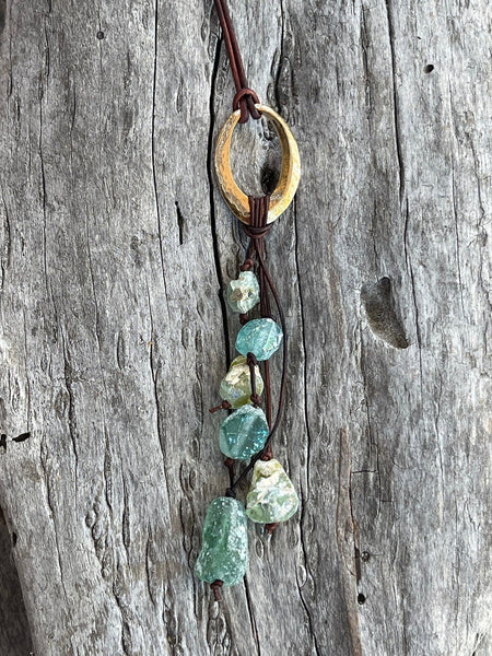 Handmade Bronze Hammered Oval Leather Adjustable Long Lariat Necklace with Roman Glass