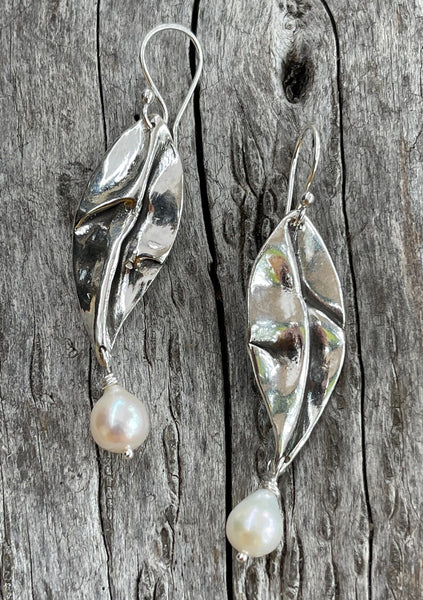 Handmade Sterling Silver Organic Leaf Earrings with Flame Ball Pearl Drop