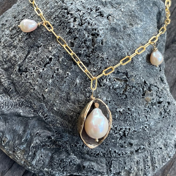 Bronze Pearl in a Pod on 14K Gold Fill Paper Clip Chain with Baroque Pearls