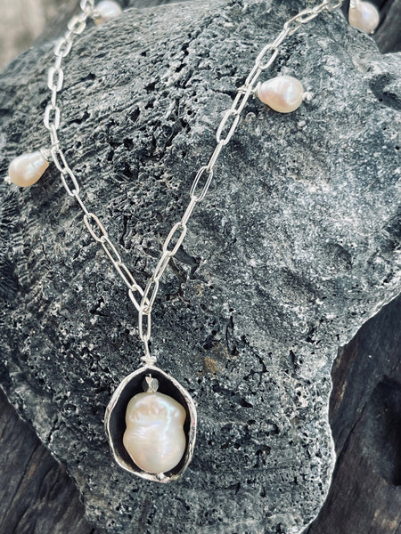 Sterling Silver Pearl in a Pod on Paper Clip Chain with Baroque Pearls