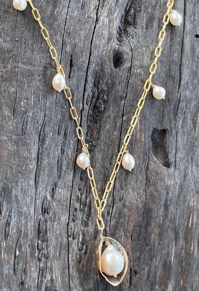 Sterling Silver Pearl in a Pod on Paper Clip Chain with Baroque Pearls