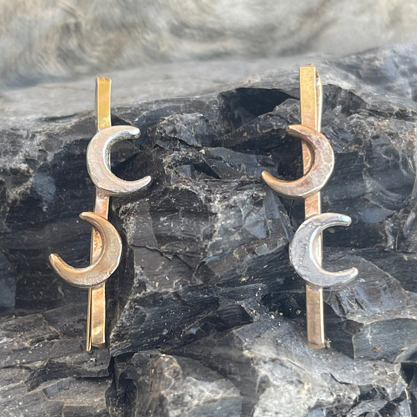 Square Gold Filled Bar Earrings with Bronze and Silver Moons