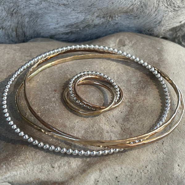 Mixed Metal Trinity Bangles with Hammered Rose and Yellow Gold Wire and Silver Beaded Wire