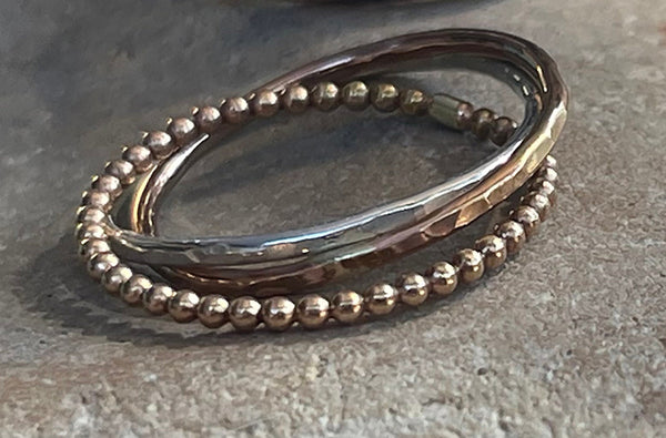 Mixed Metal Trinity Ring with Sterling Silver Bead Wire on a Sterling Silver Chain