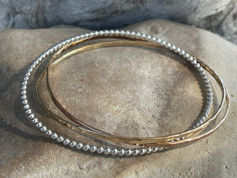 Mixed Metal Trinity Bangles with Hammered Rose and Yellow Gold Wire and Silver Beaded Wire