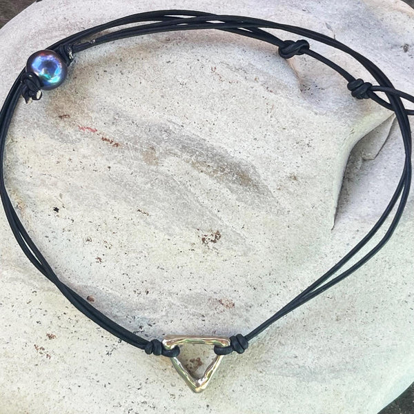 Handmade Organic Bronze Triangle Leather Choker Necklace