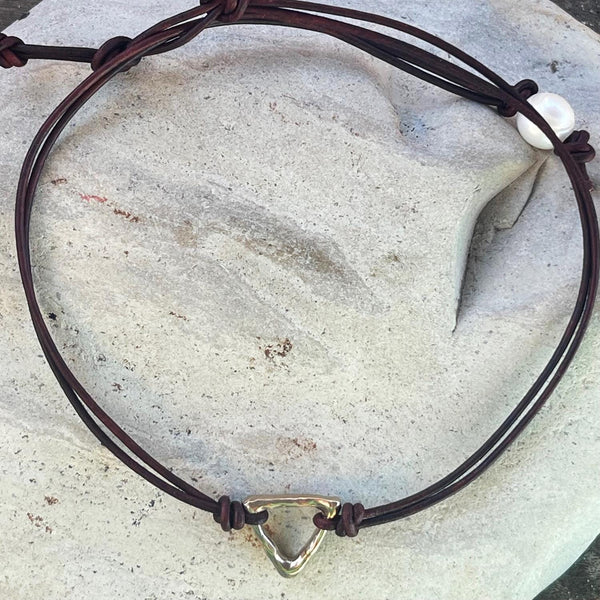 Handmade Organic Bronze Triangle Leather Choker Necklace