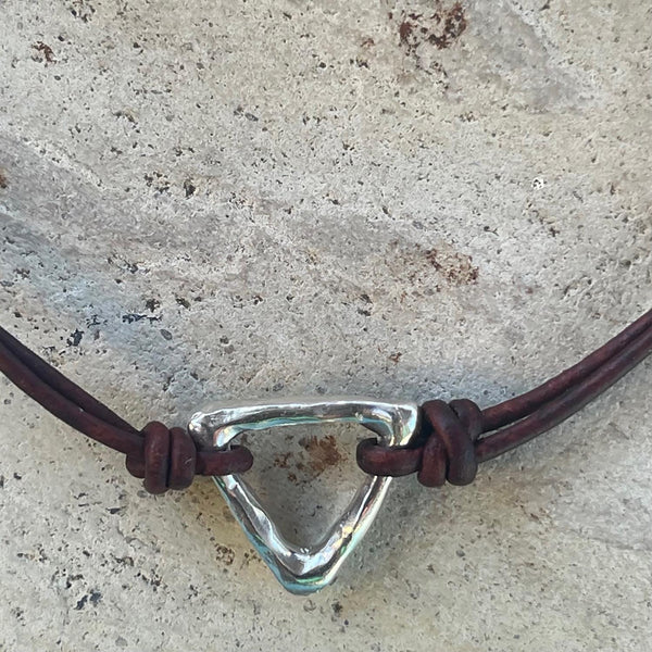 Handmade Organic Bronze Triangle Leather Choker Necklace
