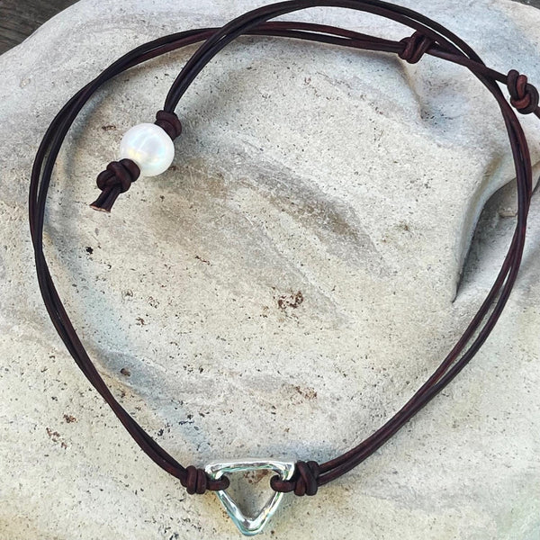 Handmade Organic Bronze Triangle Leather Choker Necklace