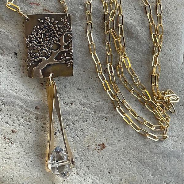 Gold Filled Long Tree Necklace on 14K GF Paper Clip Chain with Herkimer Diamond Drop