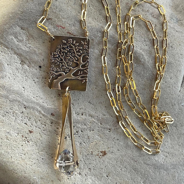 Gold Filled Long Tree Necklace on 14K GF Paper Clip Chain with Herkimer Diamond Drop