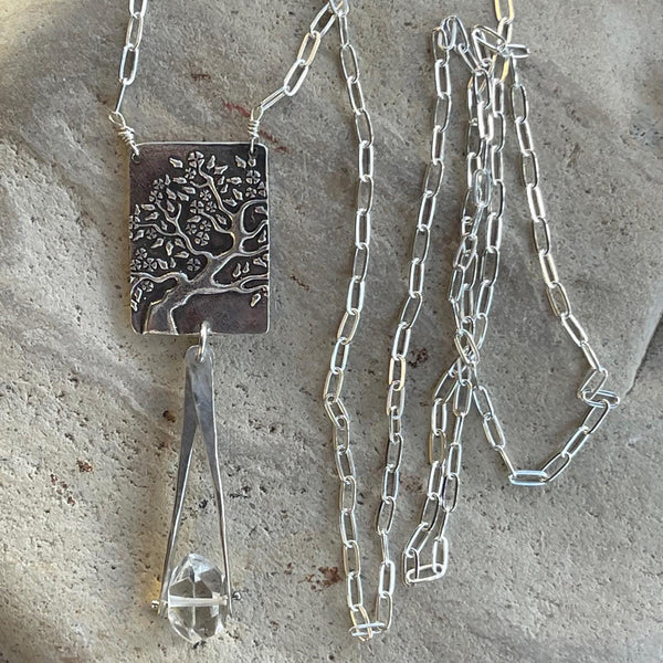 Gold Filled Long Tree Necklace on 14K GF Paper Clip Chain with Herkimer Diamond Drop