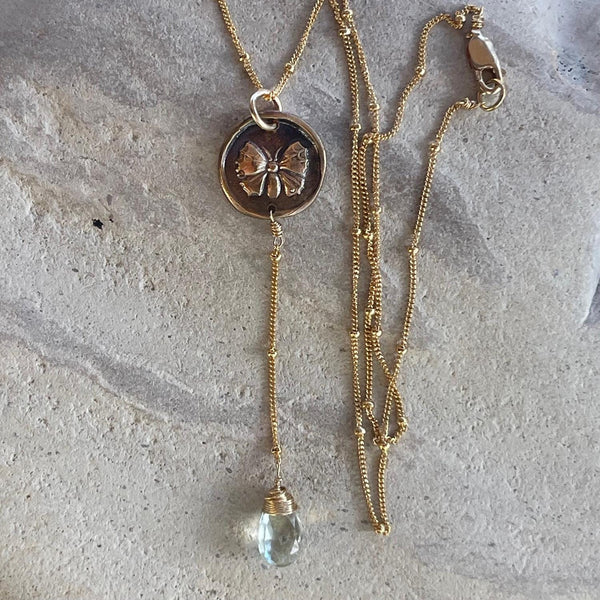 Handmade Gold Fill Butterfly Charm Lariat Delicate Necklace with Aquamarine Drop