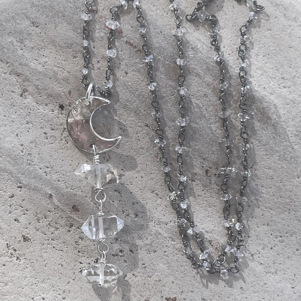 Sterling Silver Moon Necklace with a Variegated Three Herkimer Diamond Drop