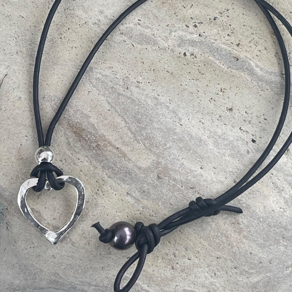 Handmade Bronze Heart Necklace on 1.5 MM Antique Brown Leather Cord with Loop and Pearl Closure