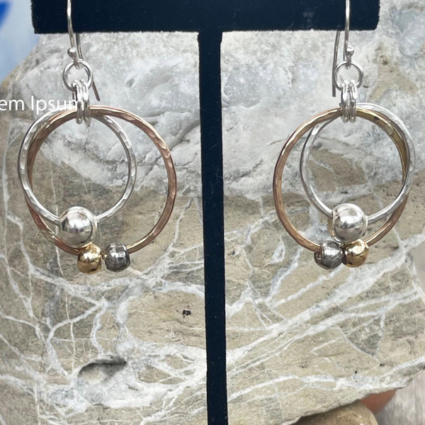 Handmade Sterling Silver and 14K Gold Filled Connected Circle Earrings with 3 Moving Beads