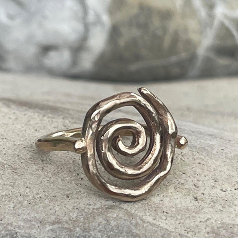Cast Organic Bronze and 14K Gold Filled Spiral Ring