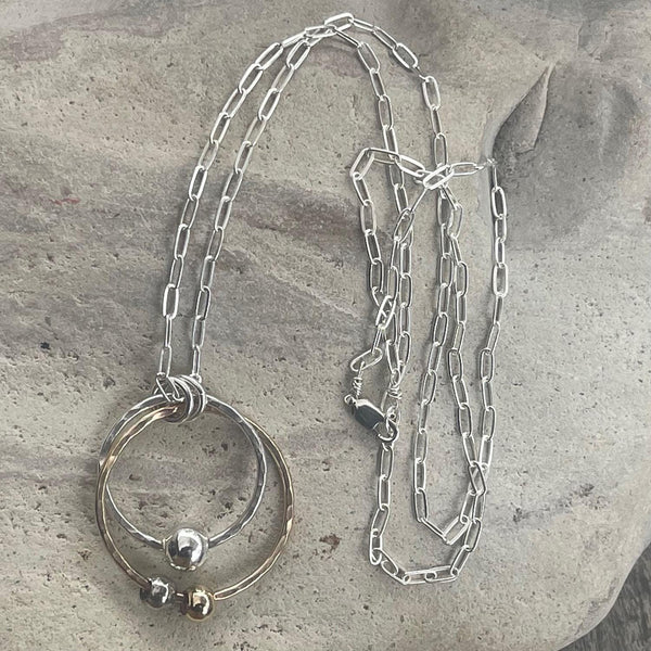 Mixed Metal Connected Circle Necklace with 3 Beads on Sterling Silver Paper Clip Chain