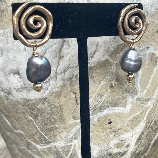Cast Organic Bronze Spiral Post Earrings with Black Baroque Pearls