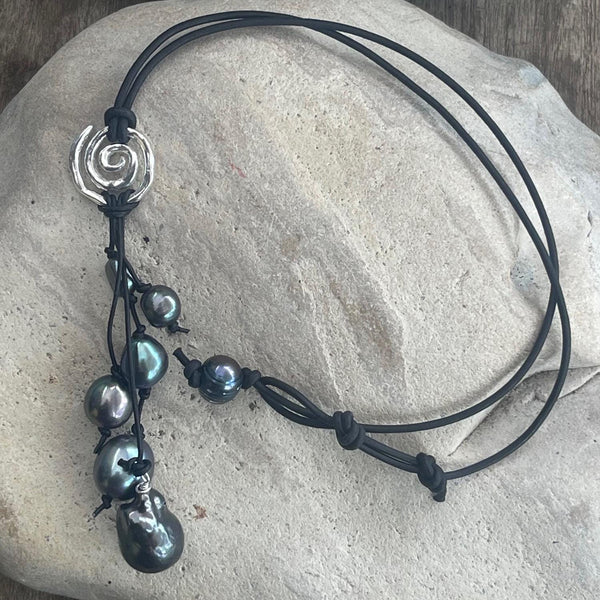 Handmade Organic Sterling Silver Spiral Leather Necklace with Black Baroque Pearl Drop