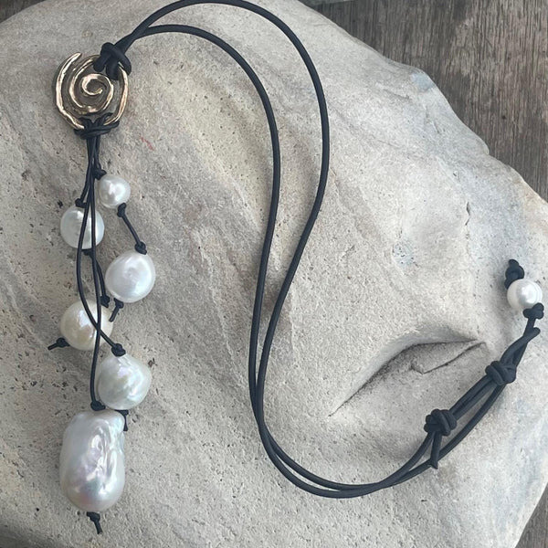 Handmade Organic Bronze Spiral Leather Necklace with Black Baroque Pearl Drop