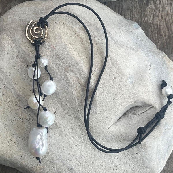 Handmade Organic Bronze Spiral Leather Necklace with Black Baroque Pearl Drop