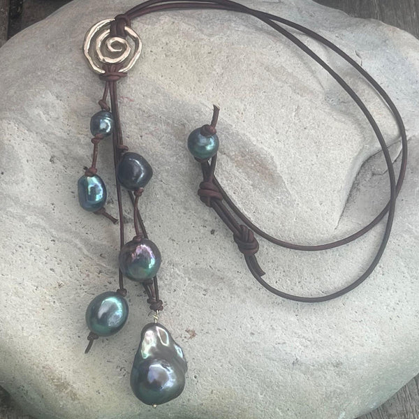Handmade Organic Bronze Spiral Leather Necklace with Black Baroque Pearl Drop