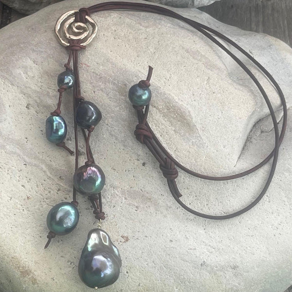Handmade Organic Bronze Spiral Leather Necklace with Black Baroque Pearl Drop