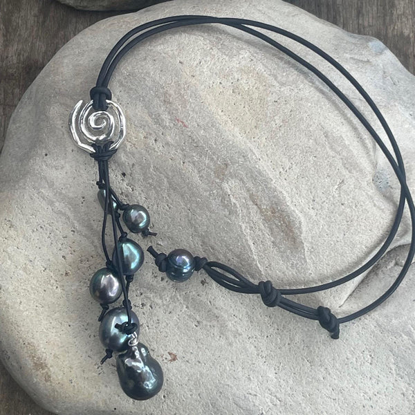 Handmade Organic Sterling Silver Spiral Leather Necklace with Black Baroque Pearl Drop
