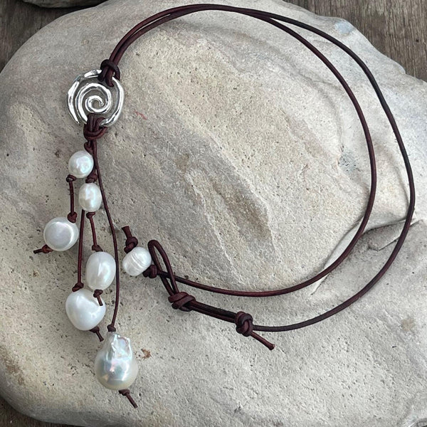 Handmade Organic Sterling Silver Spiral Leather Necklace with White Baroque Pearl Drop