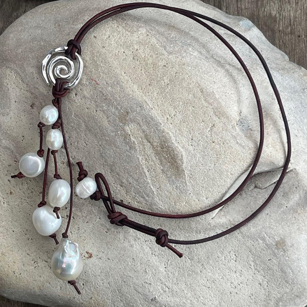 Handmade Organic Sterling Silver Spiral Leather Necklace with White Baroque Pearl Drop