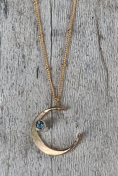 Handmade 14K Gold Fill Crescent Moon Necklace with Tube Set Aquamarine