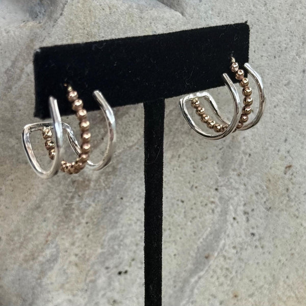Hammered Gold Filled Triple Hoop Earrings with Sterling Silver Beaded Center Hoop