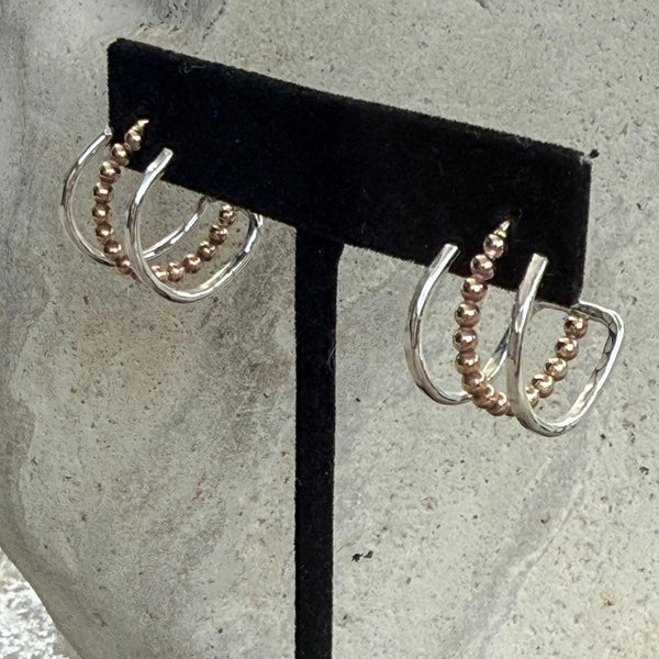 Hammered Gold Filled Triple Hoop Earrings with Sterling Silver Beaded Center Hoop