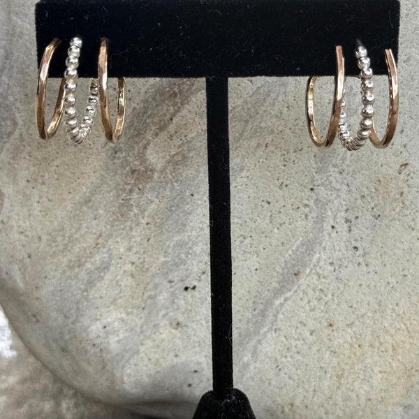 Hammered Sterling Silver Triple Hoop Earrings with Gold Fillled Beaded Center Hoop