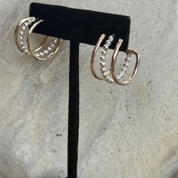 Hammered Sterling Silver Triple Hoop Earrings with Gold Fillled Beaded Center Hoop