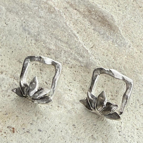 Handmade Bronze Square Lotus Post Earrings